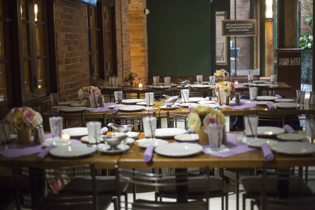 Place settings at Fishbone's in Detroit wedding reception