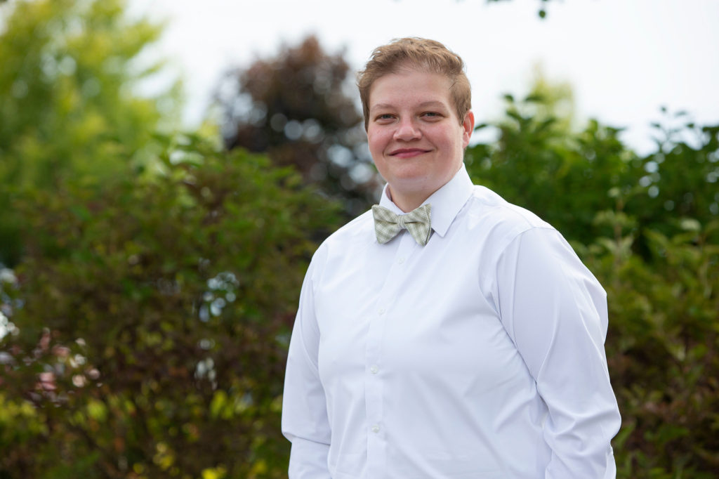 Cheryl sporting her bow tie for her Michigan LGBTQ wedding