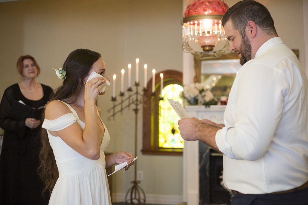 Emotional bride during ceremony