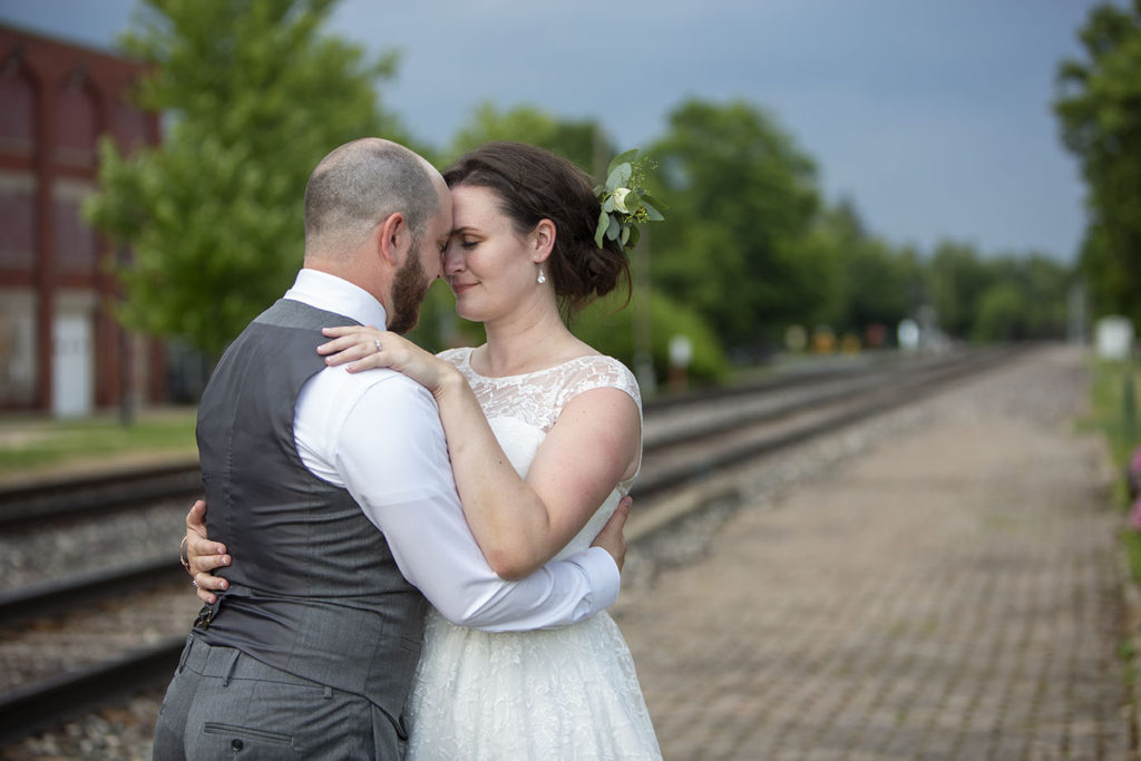 Wedding couple outside of the Historic Chelsea Depot