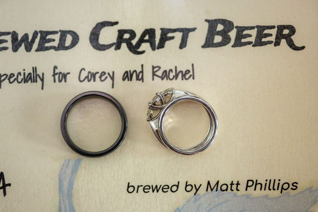 Custom brewed craft beer for wedding with rings