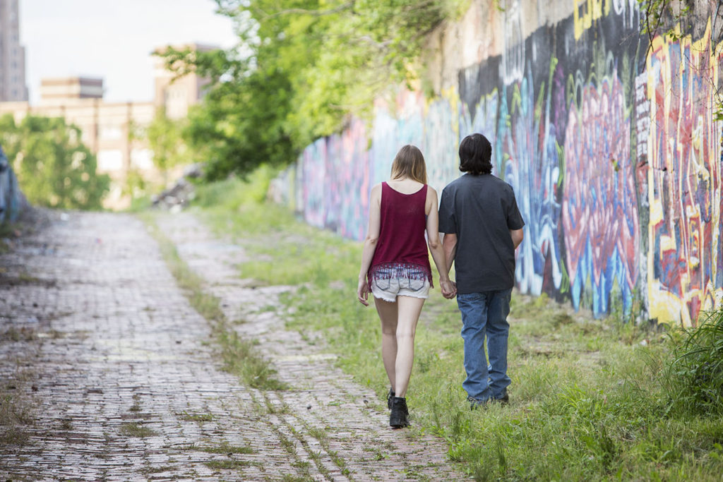 Couple walks up ramp in Detroit