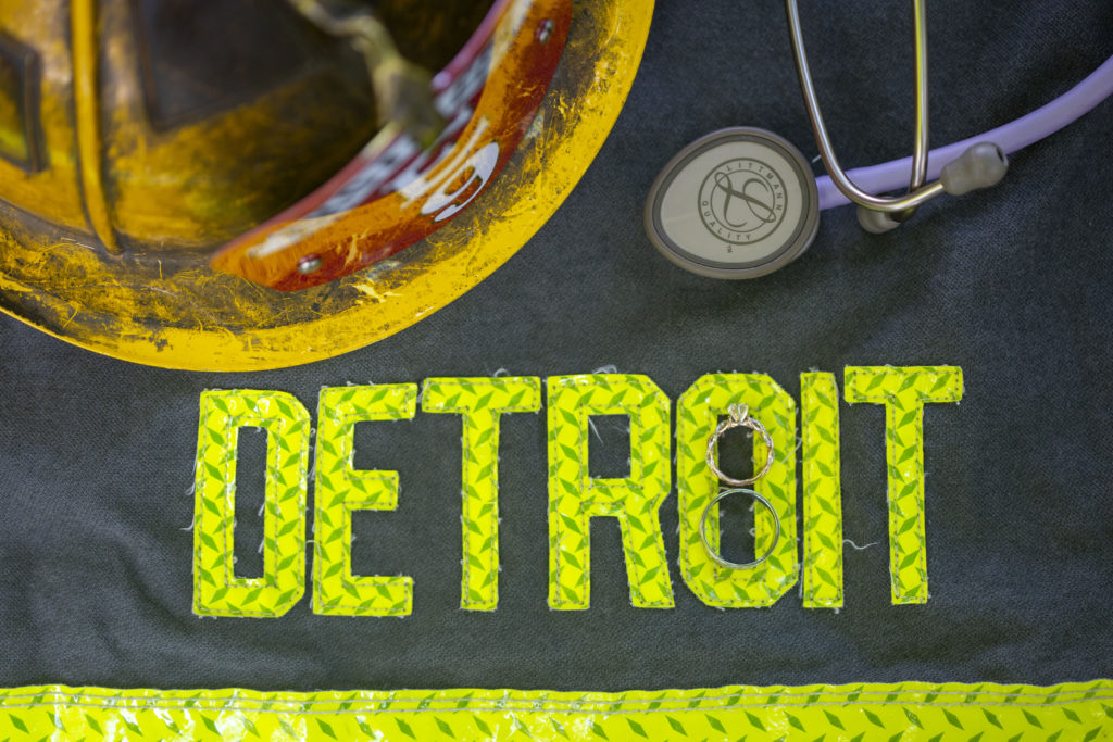 Wedding rings on Detroit firefighter jacket