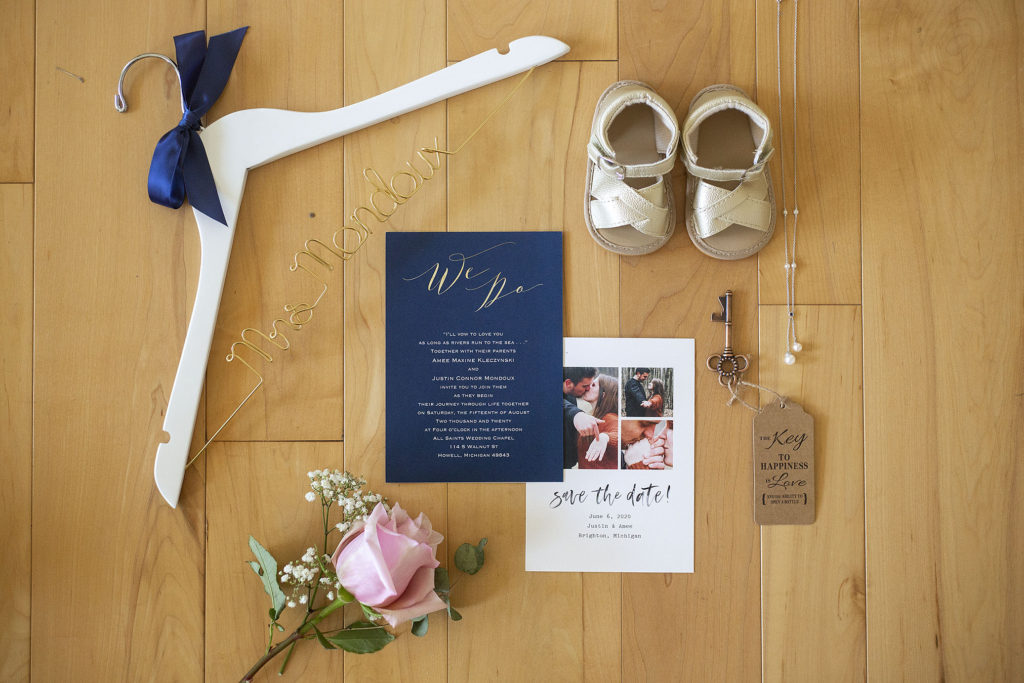 Navy invitations and details for Amee and Justin's Howell wedding