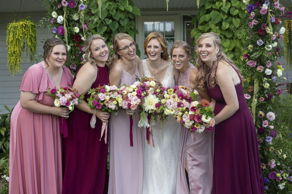 Maroon and blush bridesmaids dresses