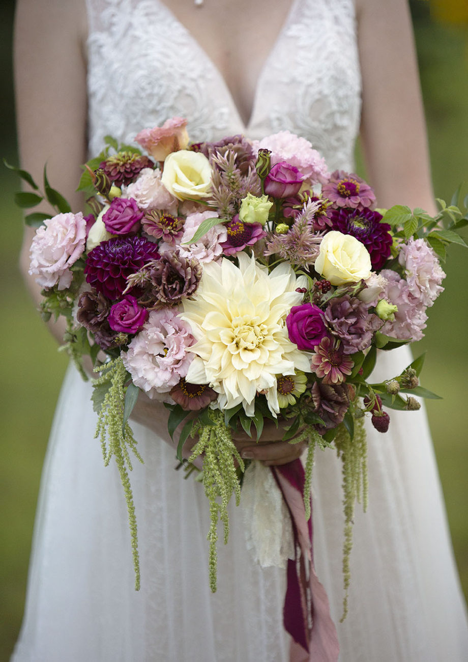 Burgundy, fuchsia, and blush wedding bouquet