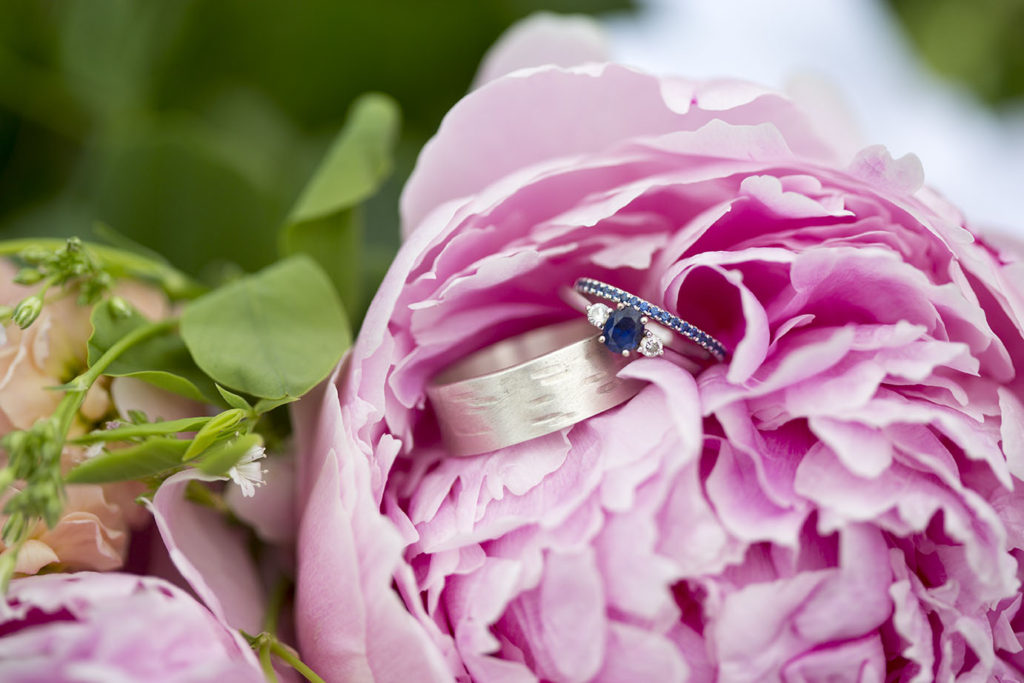 Sapphire and silver wedding set in pink peony Ypsilanti wedding