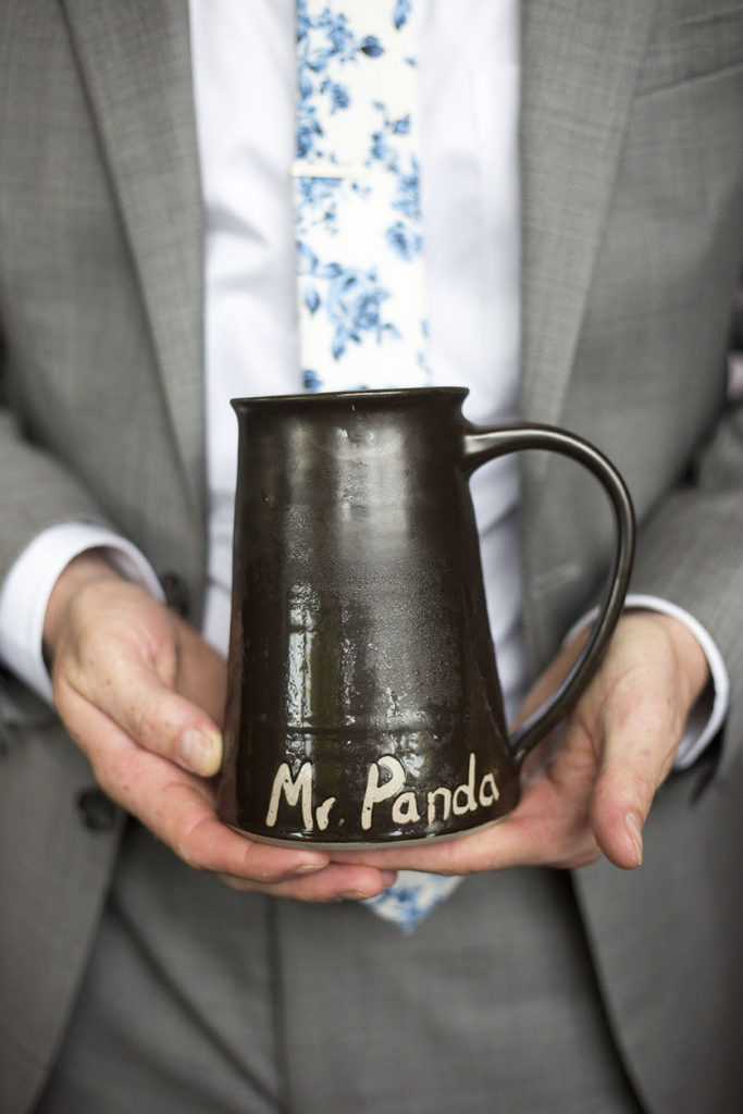 Mr Panda on custom mug for Corner Brewery Ypsilanti wedding reception