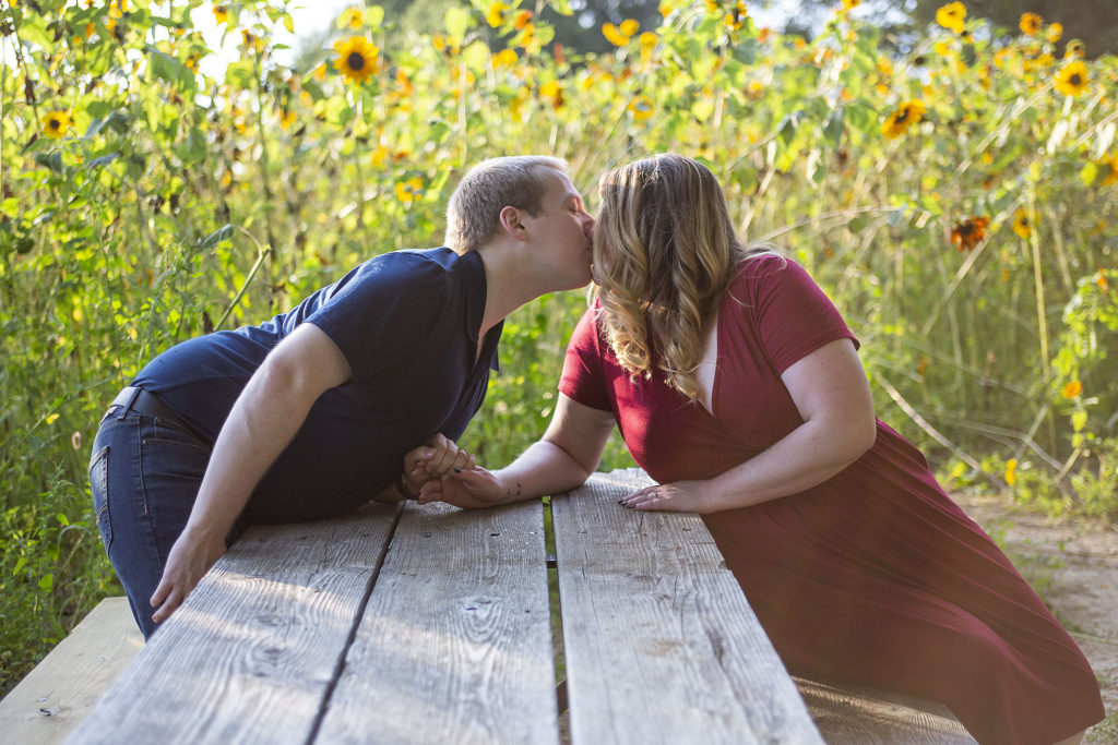 Michigan couple kissing across picnic table