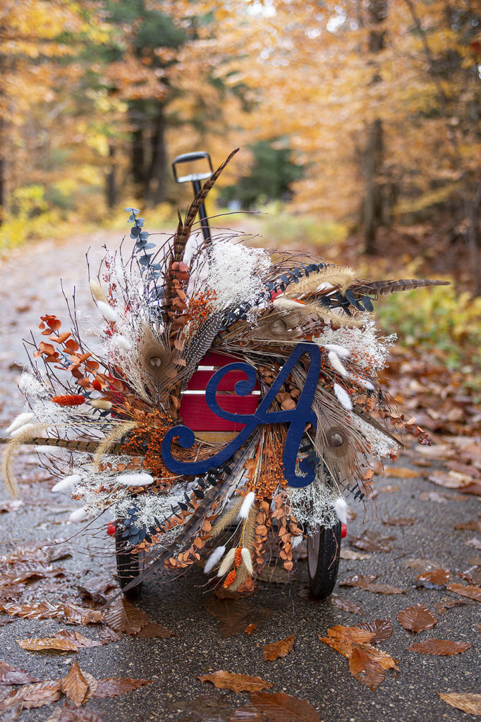 Decorated wedding wagon Tahquamenon Falls elopement