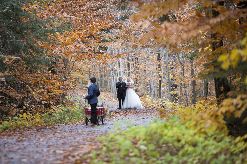 Bride and father walk with linked arms Tahquamenon Falls elopement