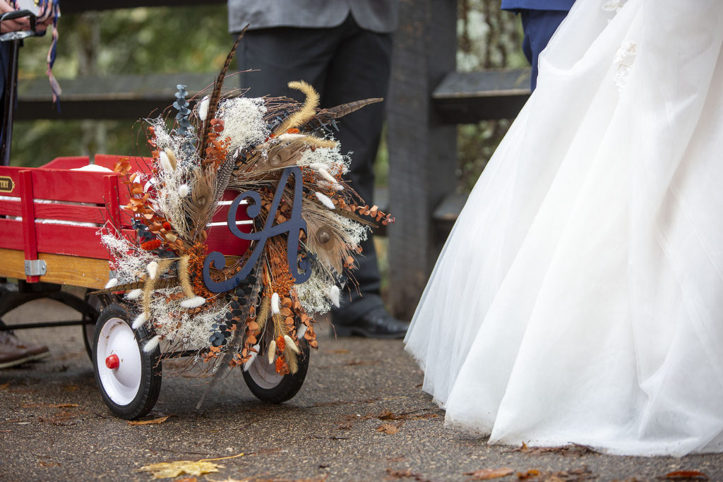 Decorated wagon near bride