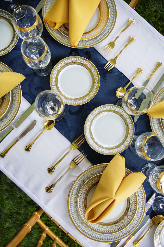 Navy and gold tablescape for Troy Michigan micro wedding