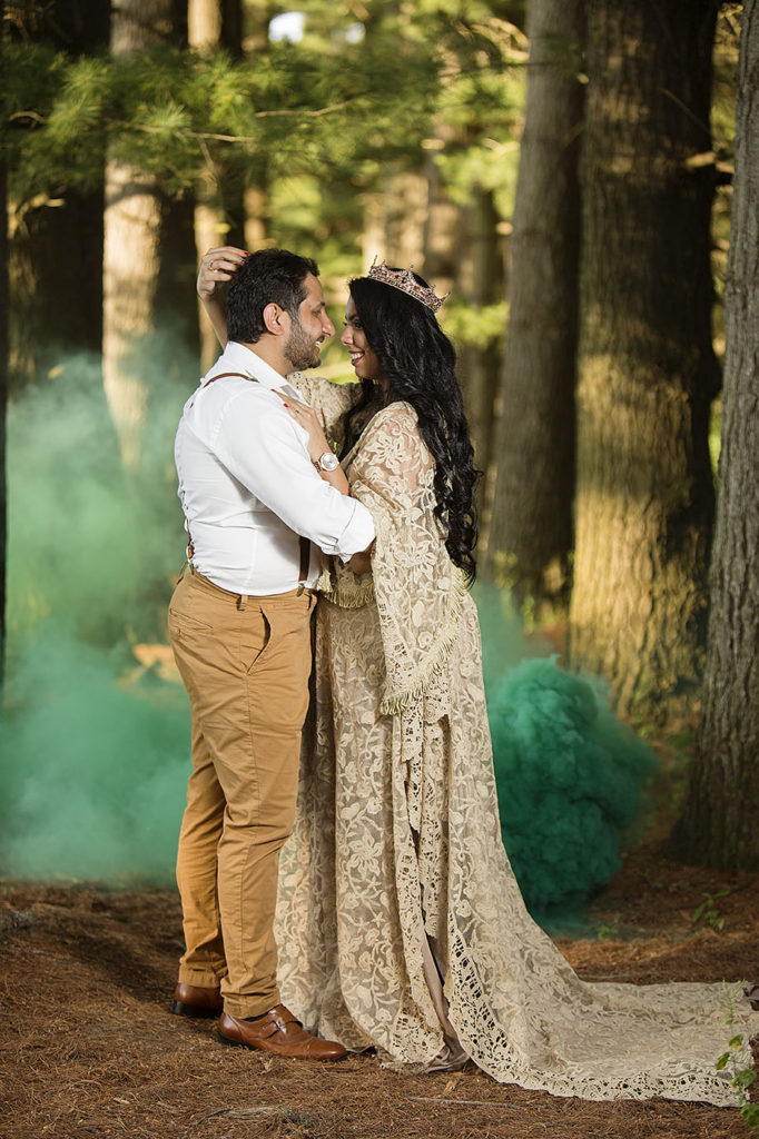 Green smoke bombs at boho wedding styled shoot