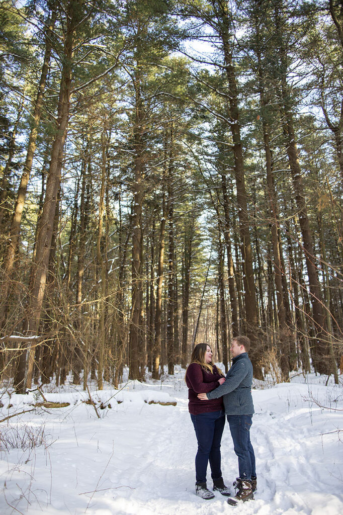 Winter engagement couple amongst tall pines in Michigan