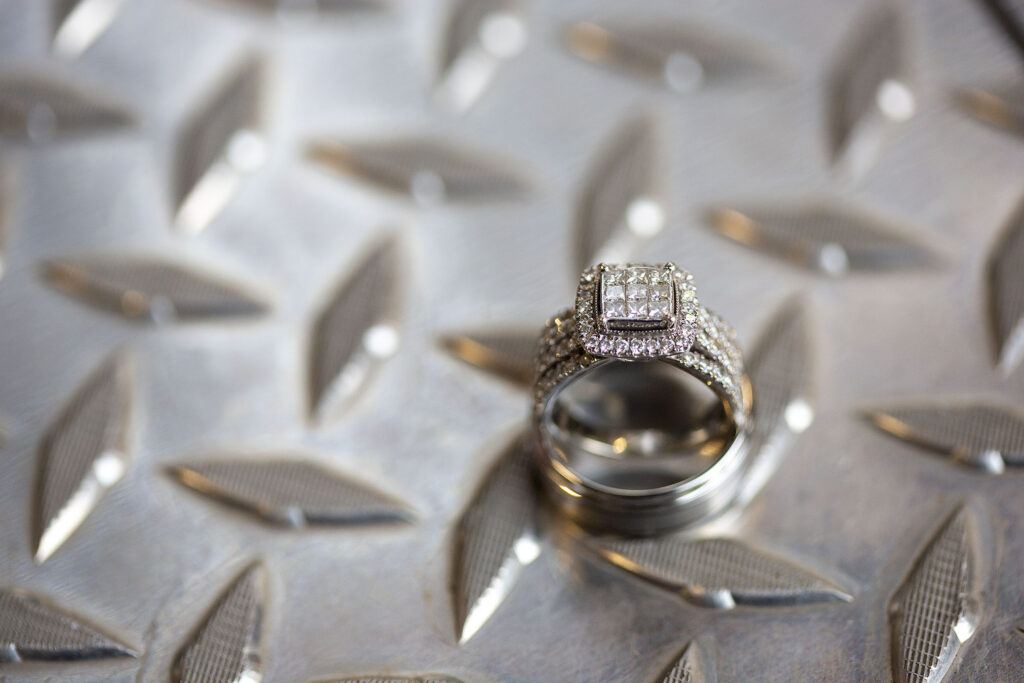 Engagement ring on diamond plate for fire department engagement session