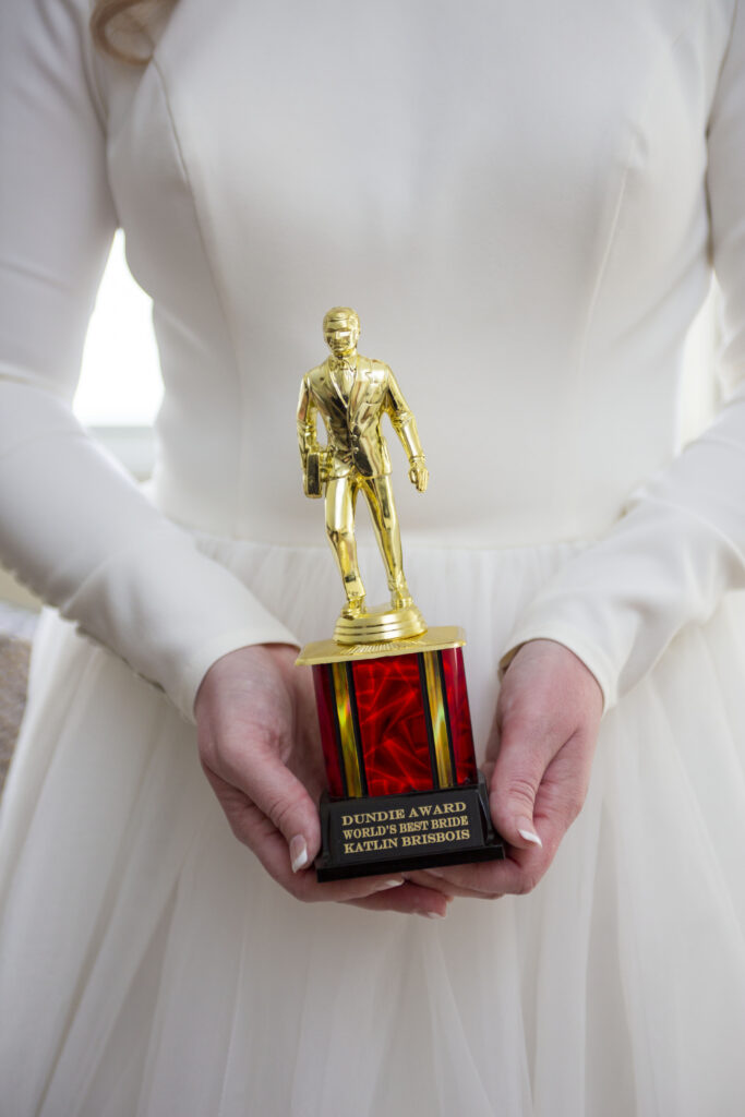 Bride received Dundie Award as "World's Best Bride" The Office inspired wedding gift AirBNB wedding