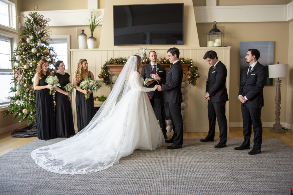 Entire wedding party during AirBNB wedding ceremony Holland, MI