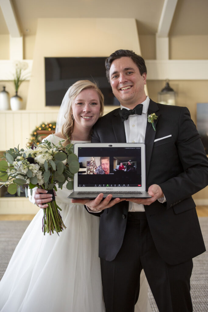 True COVID wedding fashion, a photo with relatives that attended virtually Michigan AirBNB wedding