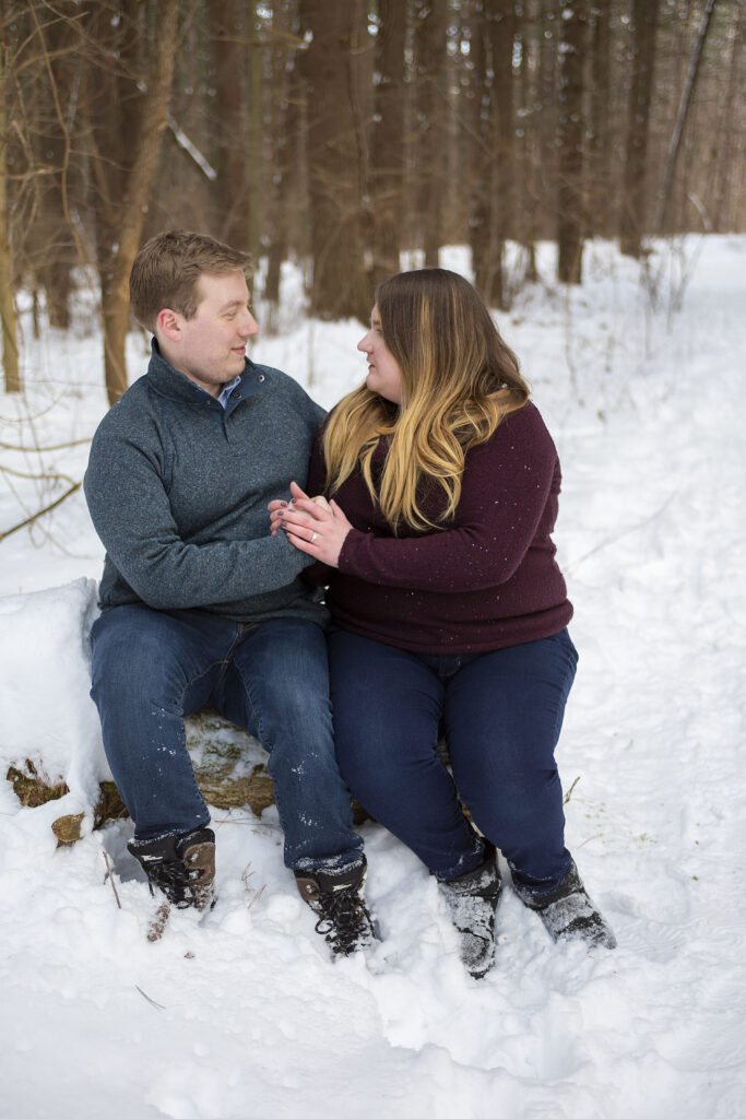 Ann Arbor couple sitting on snow covered log during winter couple's photos