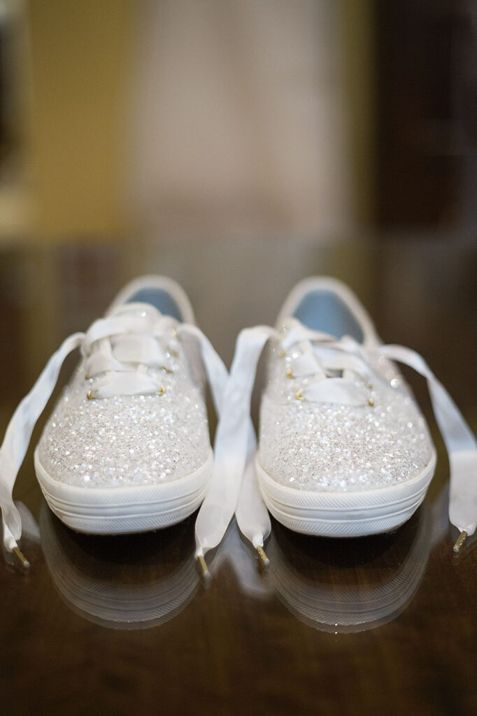 White glitter Kate Spade Kids on the table before the Plymouth wedding