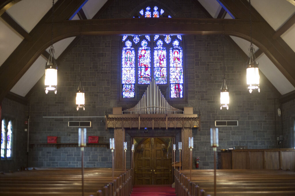 The inside of the church before any guests arrive to the Plymouth wedding