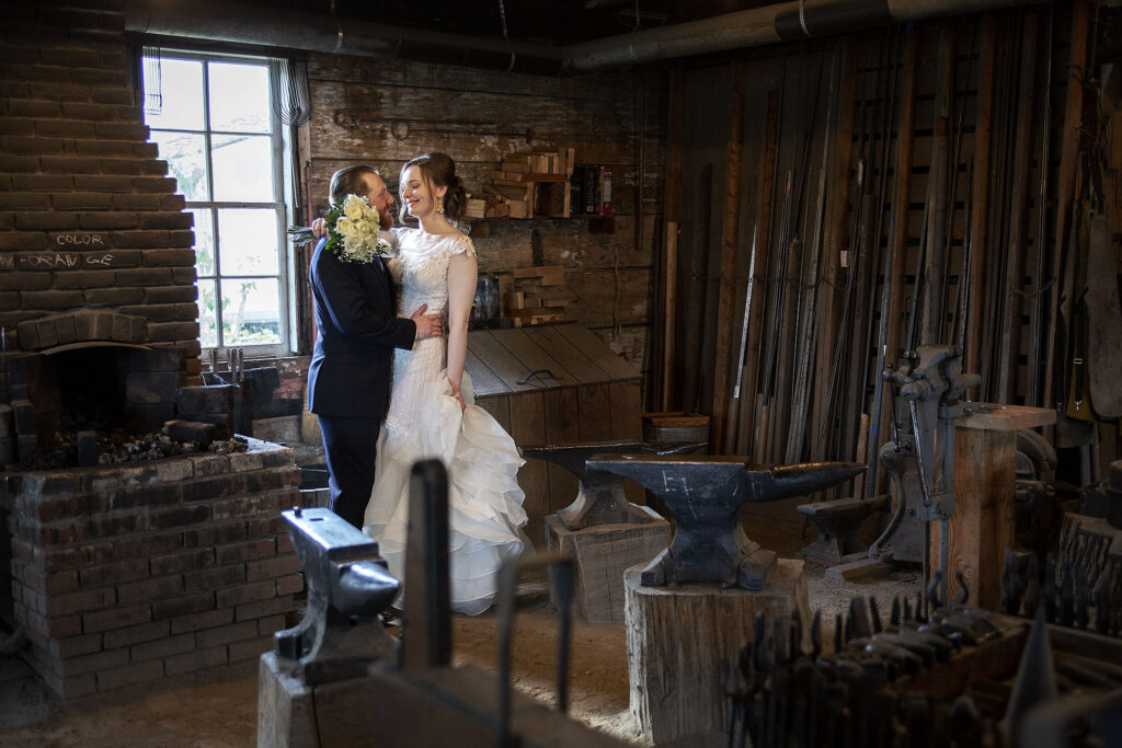 Micro wedding couple cuddles in history Michigan building