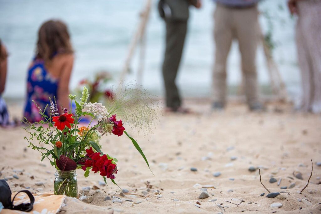 Floral arrangement on the beach at Elk Rapids Day Park