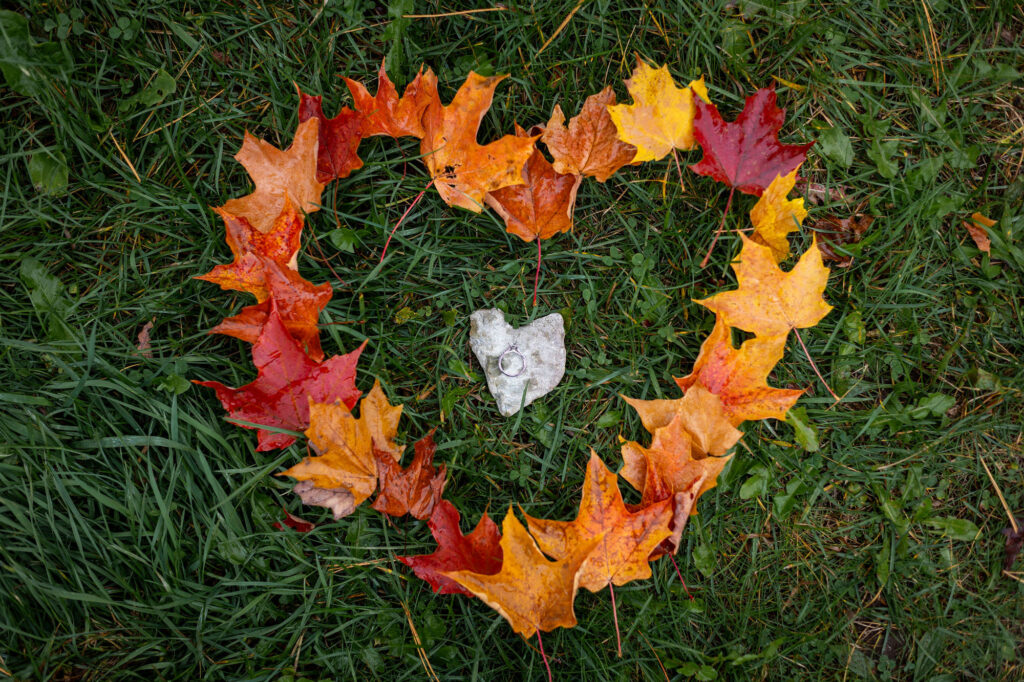 Autumn leaves arranged into a heart shape around a heart-shaped rock where newly engaged couple set their engagement ring after their Tahquamenon Falls surprise proposal.