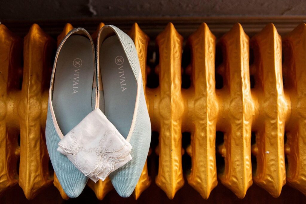 Something blue wedding shoes with an embroidered hanky Lansing micro wedding