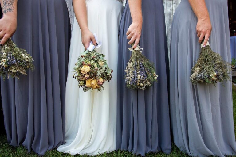 Irish Hills Barn wedding photographer - varying shades of gray bridesmaid dresses