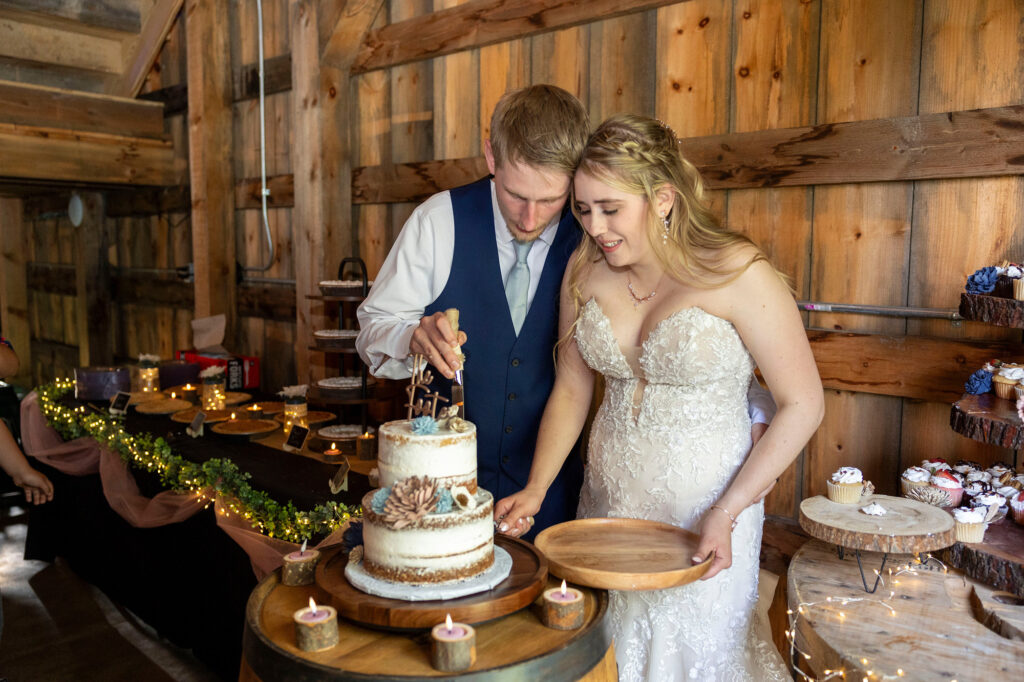 Bride and groom cutting the cake