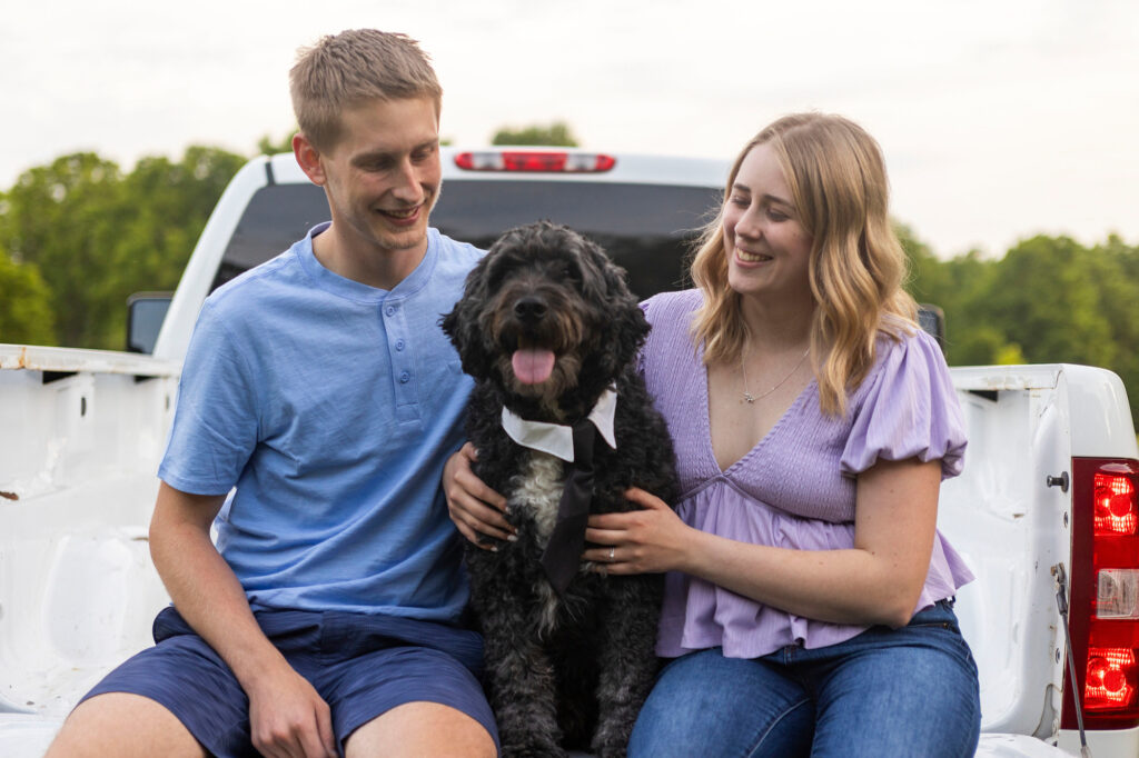 Tucker stealing the show during Dakota and Talia's Hudson Mills Metropark engagement photos